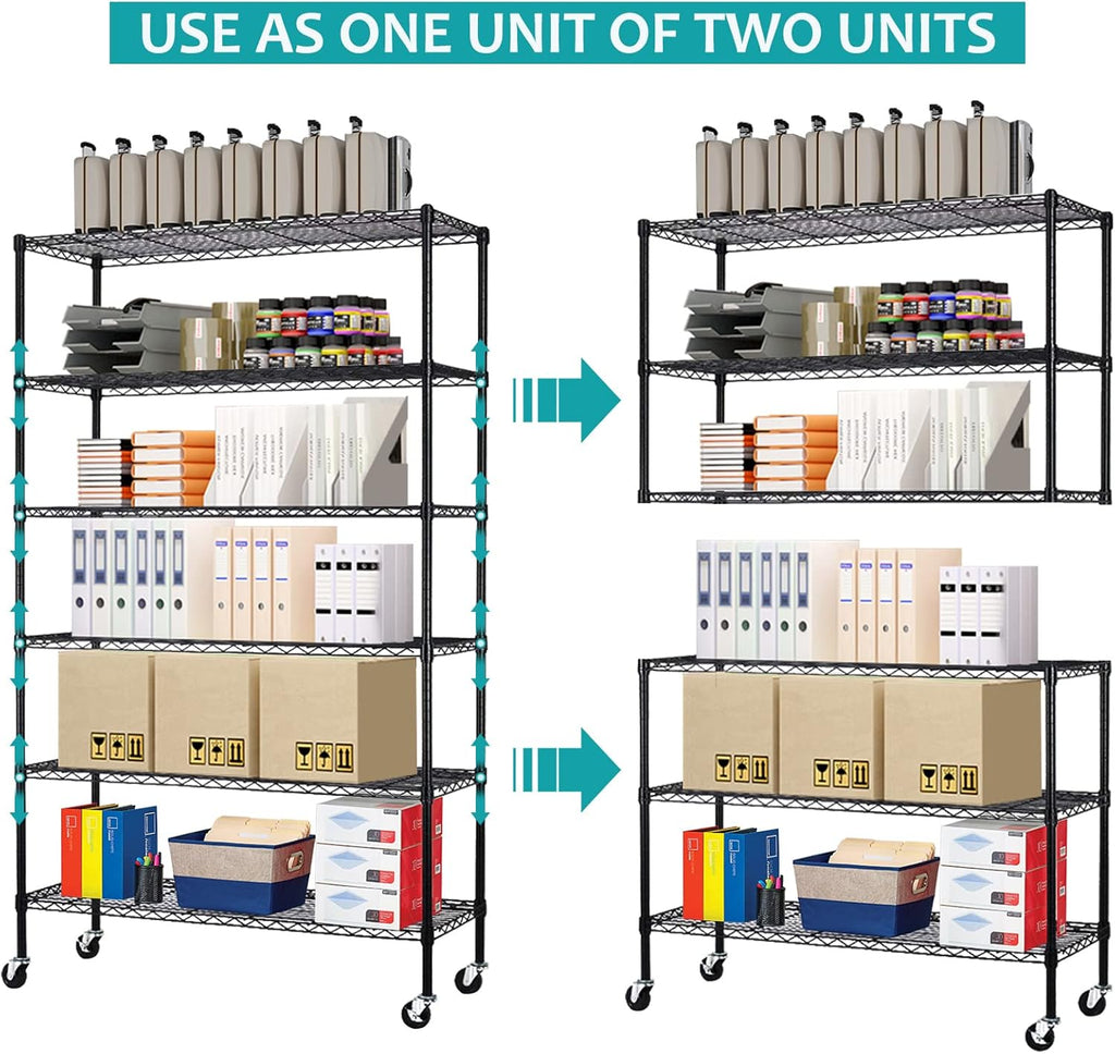 6 Tier Wire Shelving Unit, NSF Heavy Duty Height Adjustable Metal Shelving with Wheels, 18"x48"x82" Black Y25667
