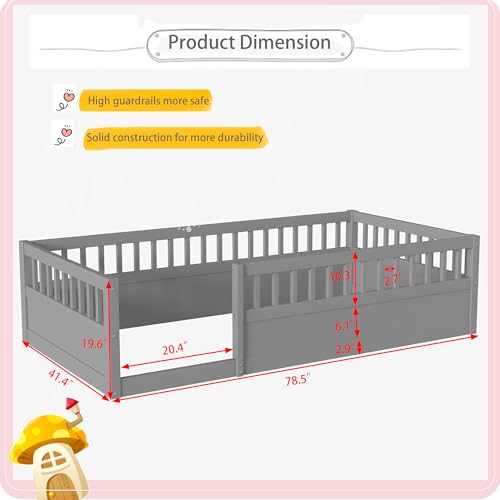 Twin Size White Wood Floor Bed with Rails X268286