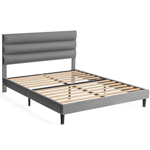 Dark Gray Full Size Linen Fabric Upholstered Platform Bed Frame U13911
