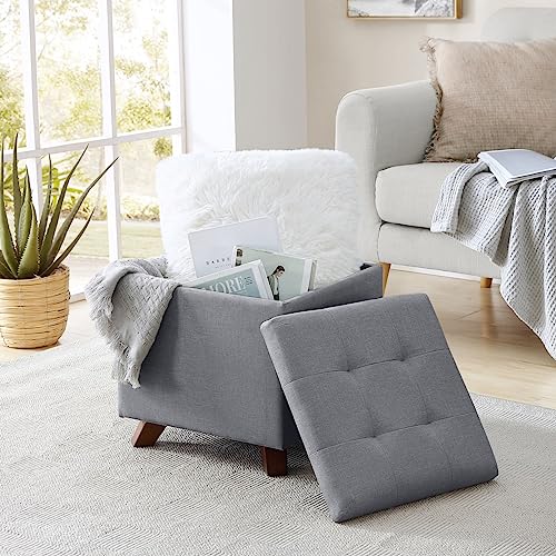 Gray Linen Tufted Square Storage Ottoman with Lift Off Lid Q41182