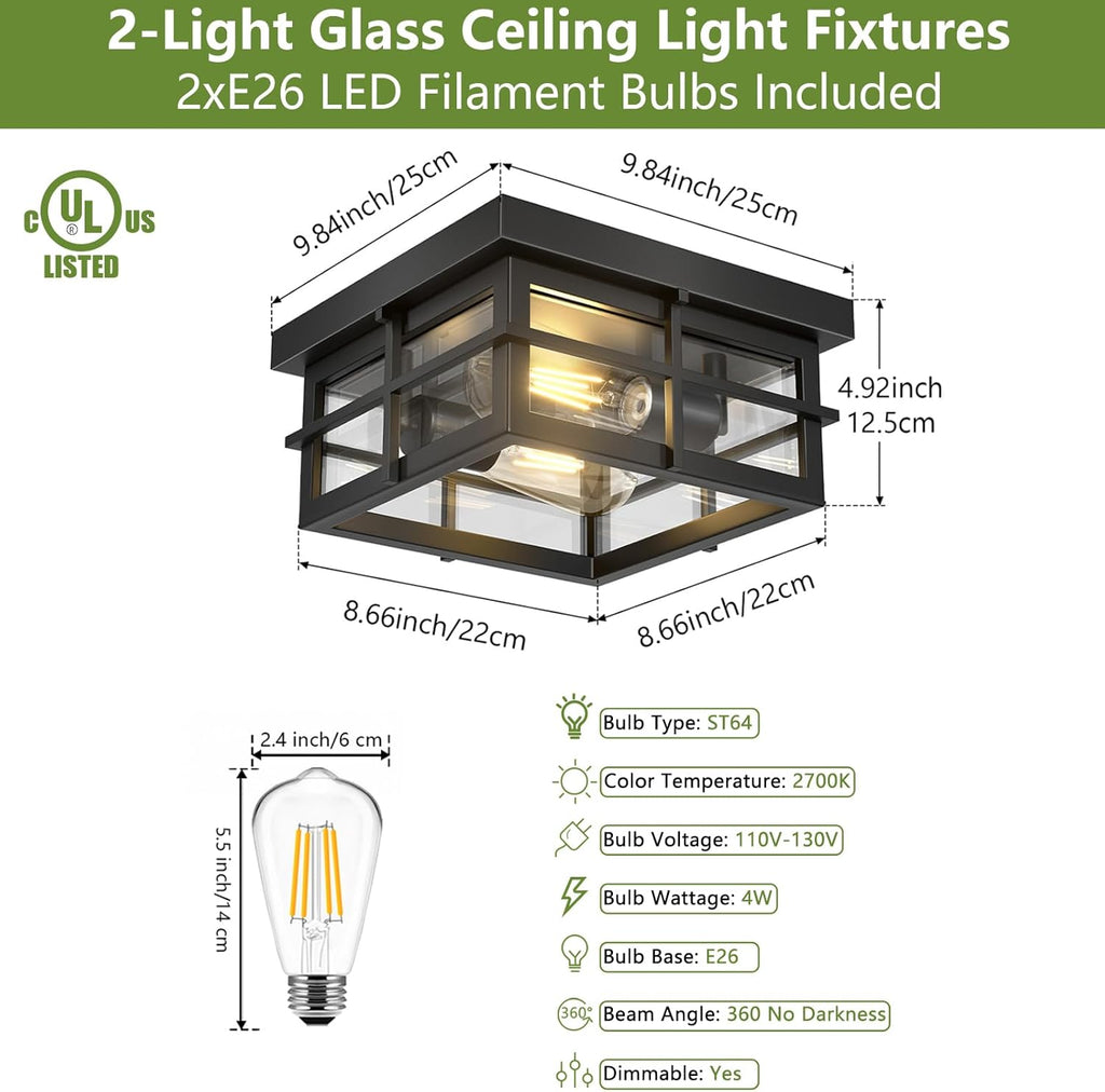 2-Light Black Flush Mount Ceiling Light Fixtures with Clear Glass Shade T111068
