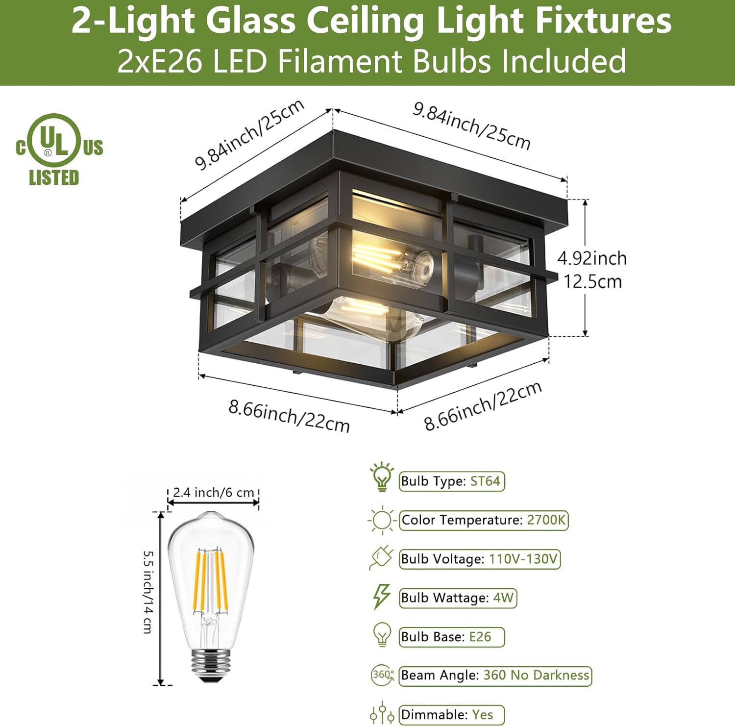 2-Light Black Flush Mount Ceiling Light Fixtures with Clear Glass Shade T111068