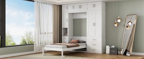 Twin Size Murphy Bed Frame with Lockers and Wardrobes, White R79415