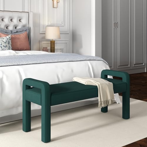 Beige Teddy Velvet Armrest Bench with Dark Brown Wooden Legs O530063