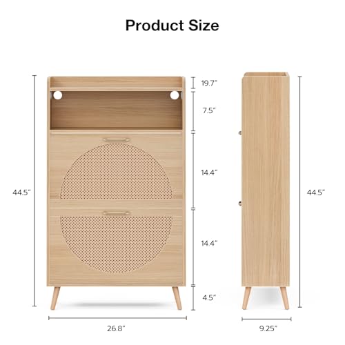 Natural LED Rattan Wood Shoe Storage Cabinet with 2 Flip Drawers W6869
