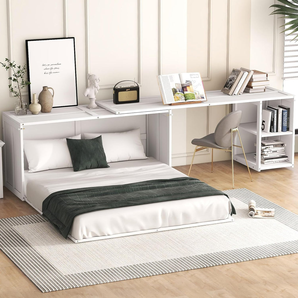 Queen Size White Murphy Bed with Rotating Desk D19369
