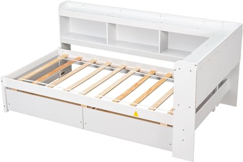 White Twin Size Wooden Bookcase Bed with Storage Drawers W98649