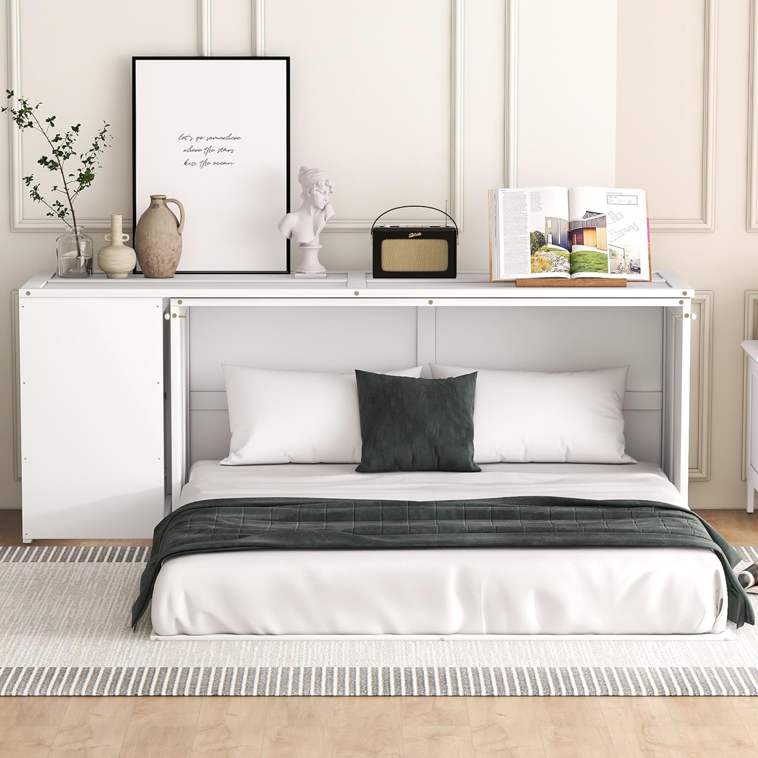 Queen Size White Murphy Bed with Rotating Desk D19369