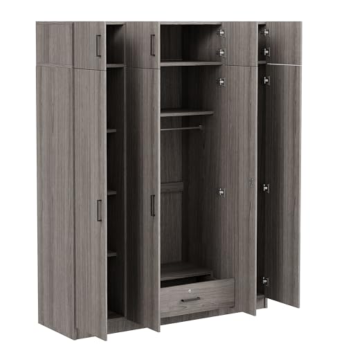 Wardrobe Armoire with 4 Doors, Mirror, Shelves, Drawers and Hanging Rod H857
