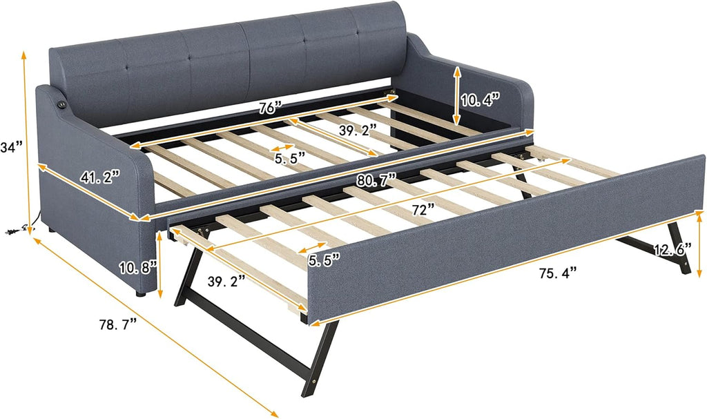 Twin to King Extendable Sofa Bed Frame with Trundle, Grey Y31529