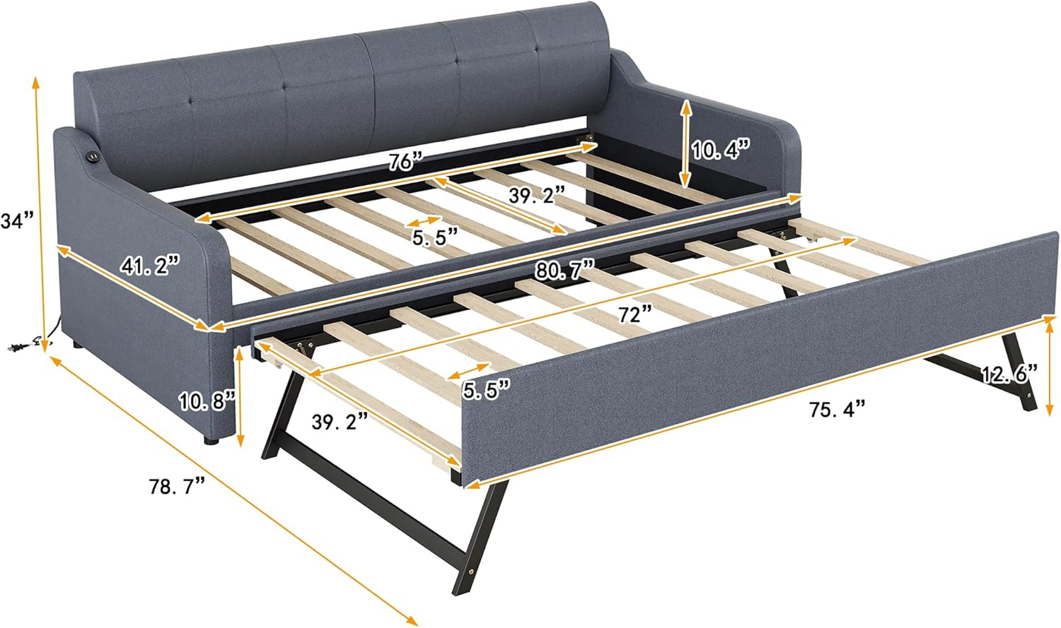 Twin to King Extendable Sofa Bed Frame with Trundle, Grey Y31529