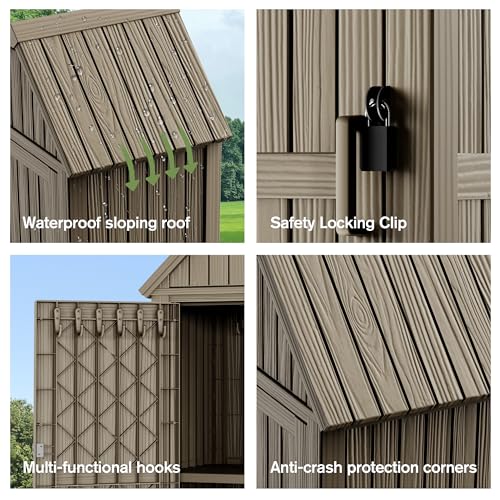 Outdoor Storage Shed Waterproof Resin Heavy-Duty Cabinet Light Brown J13892