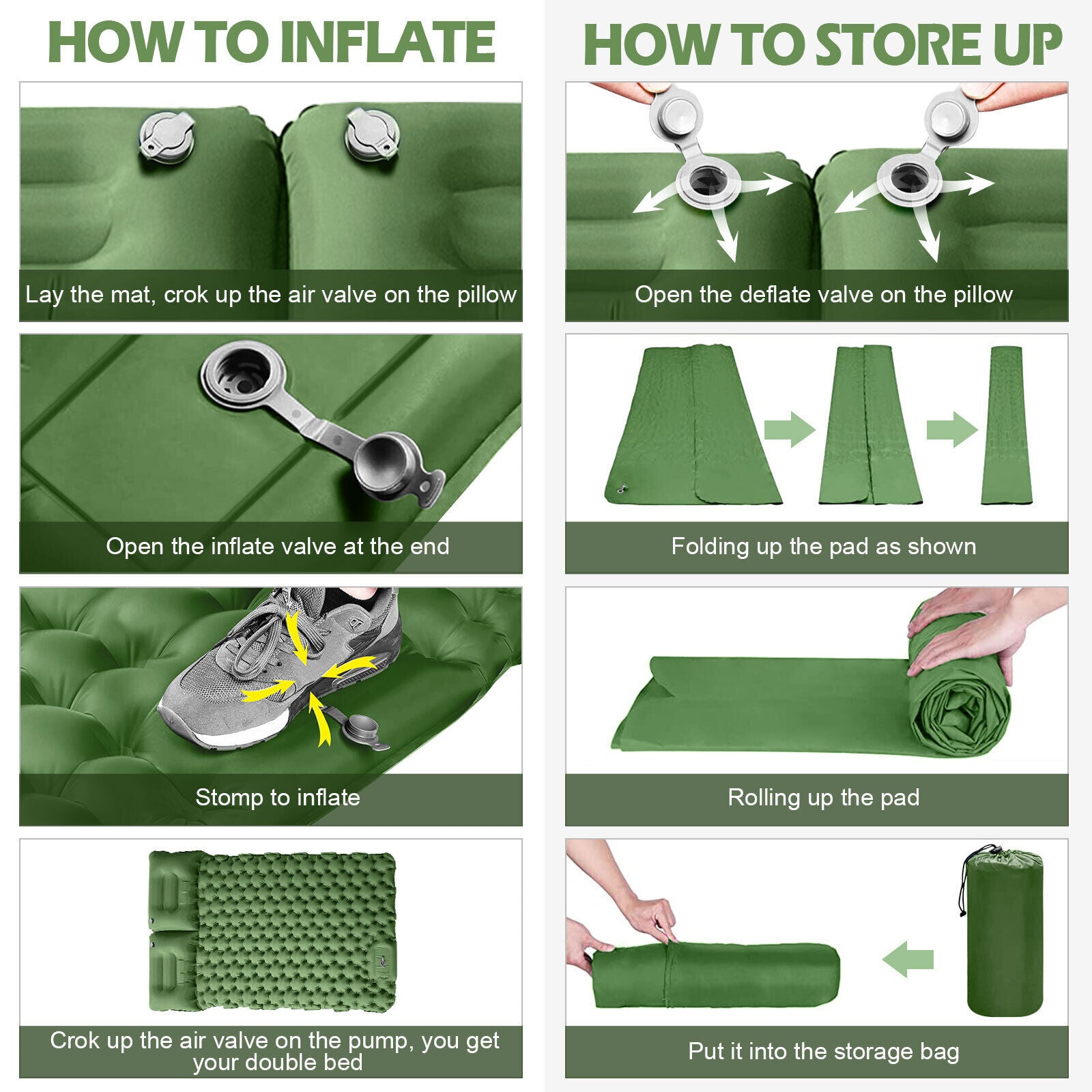Double Camping Sleeping Pad with Air Pillow 2 Person Inflatable Mat K813555