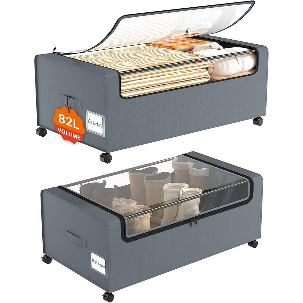 12 inch Under Bed Storage Bins with Clear Lid, Wheels, 2 Pack, Grey, 30.7x17.3x12 F48371