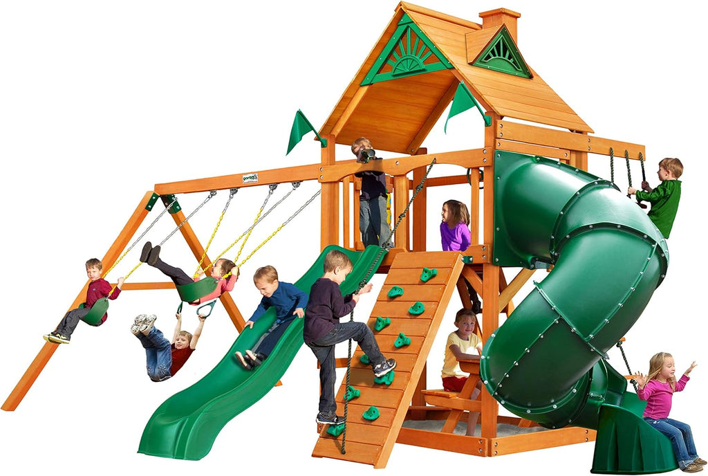 Brown Wooden Swing Set with Two Slides T5323