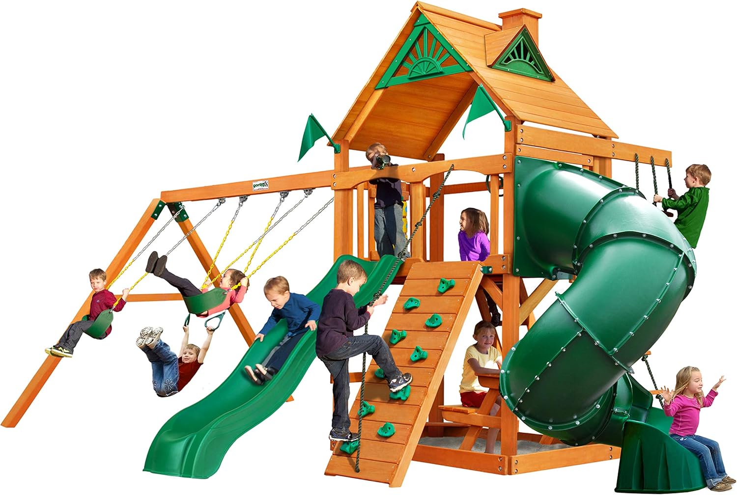 Brown Wooden Swing Set with Two Slides T5323