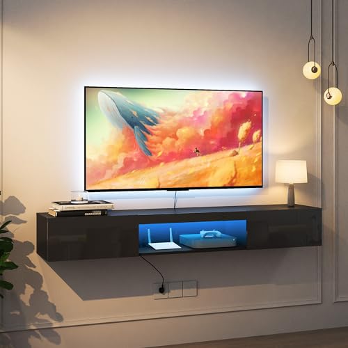 65" Floating TV Stand with LED Lights and Storage S159