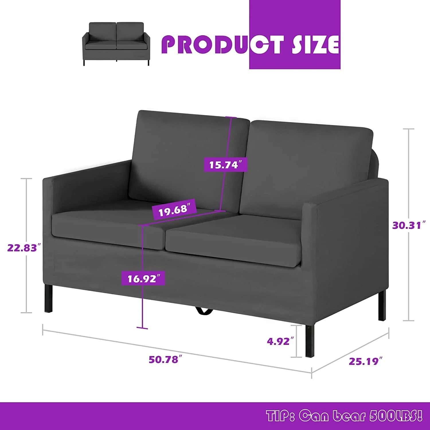 Fabric Modern Loveseat Sofa 51" W Upholstered 2-Seater with Iron Legs S9446