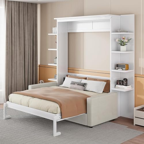 Queen Size Wood Murphy Bed with Storage Shelves and Sofa P72187