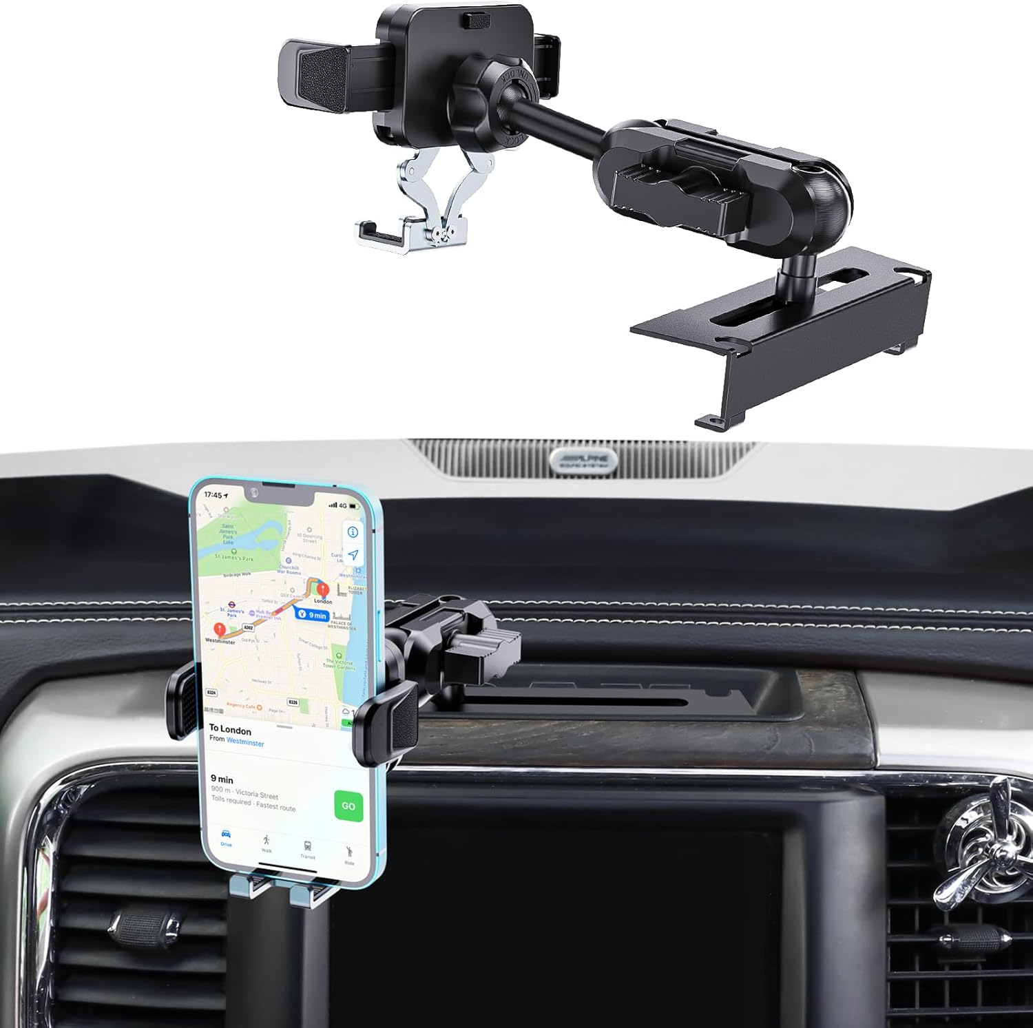 Metal Phone Mount for Ram Truck 2013-2018, Dash Mount Cell Phone Holder Compatible with RAM 1500/2500/3500 & 2019+ Classic, 360° Rotation Adapter Phone Stand J263359