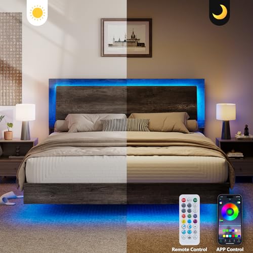Rustic Grey Full Size Platform Bed Frame with Headboard and LED Light B454396