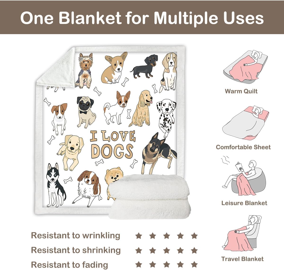 Puppy Print Sherpa Fleece Throw Blanket, Twin (60"X80") O660858