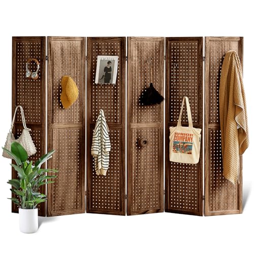 Natural Solid Wood 4 Panel Room Divider with Shelves and 16 Hooks G25804