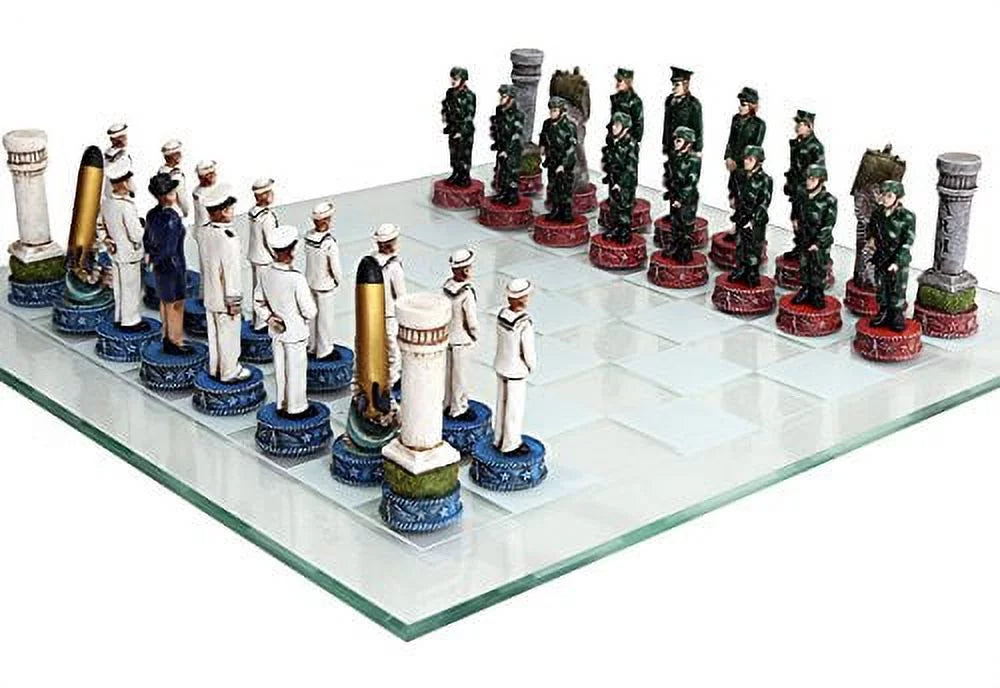 Hand Painted Glass Board Military Chess Set E12754