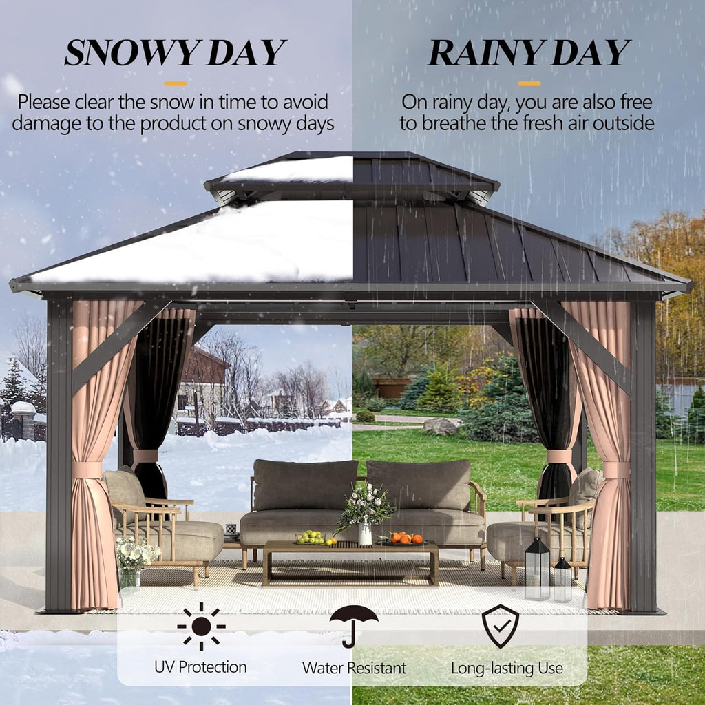 10x12FT Hardtop Gazebo with Double Roof, Heavy-Duty Galvanized Steel Top Aluminum Frame, Breathable Netting & Privacy Curtain R60898
