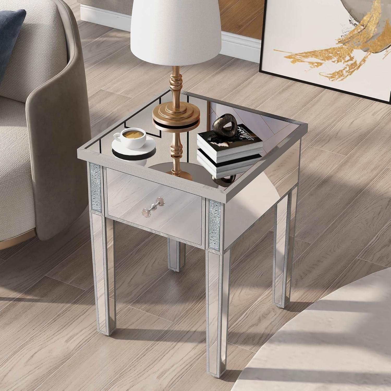 Silver Glass Mirrored End Table with Drawer M63592