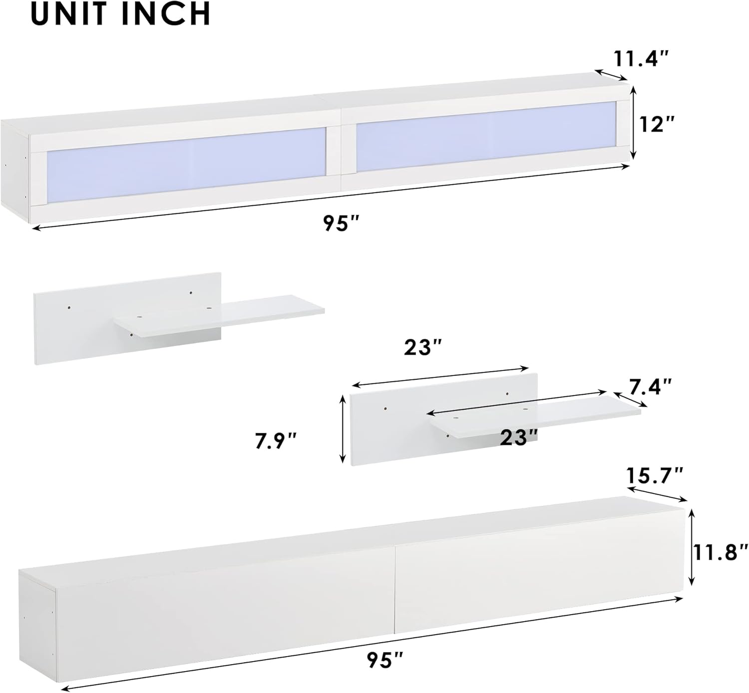 Wall Mount Floating Entertainment Center with 4 Storage Cabinets and 2 Shelves, High Gloss TV Stand J215309