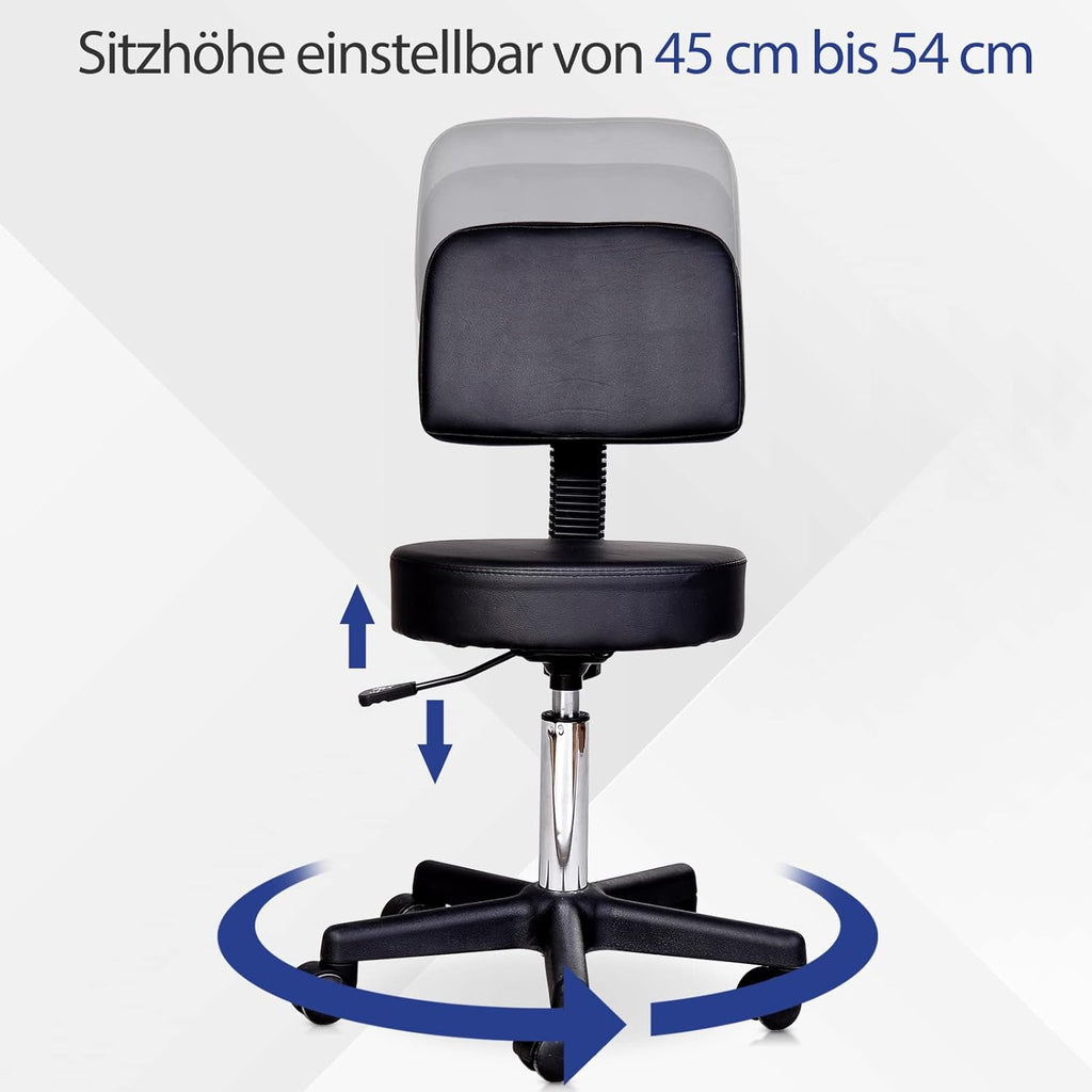 Black Swivel Stool with Back Support, Adjustable Height, PU Leather, Wheels T574551