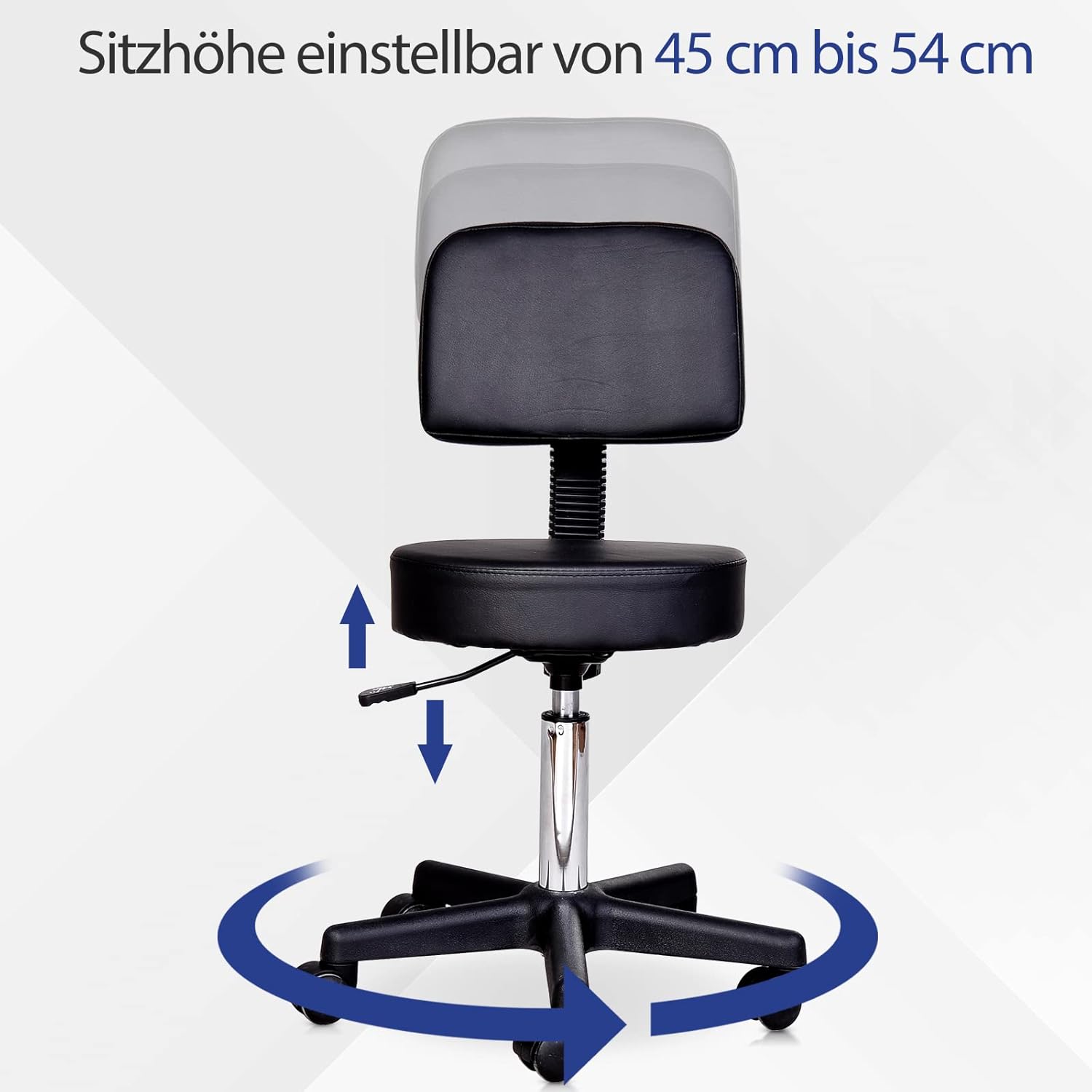 Black Swivel Stool with Back Support, Adjustable Height, PU Leather, Wheels T574551