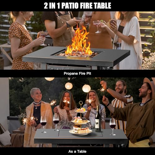 32 Inch Propane Fire Pit Table with Lid and Lava Rock R498