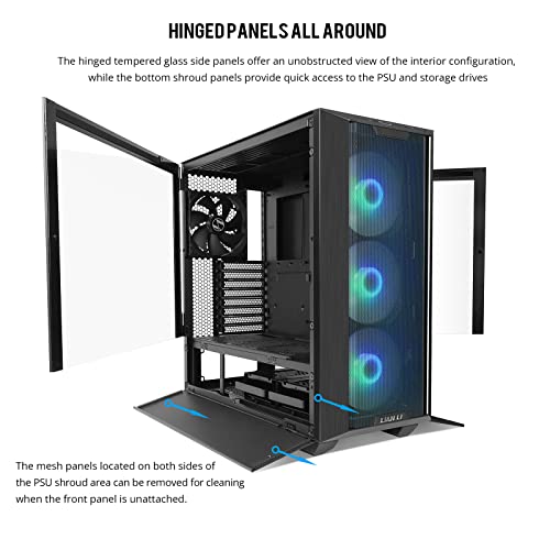 Black E-ATX PC Case with Tempered Glass Doors, Mesh Panels, 4x140mm PWM Fans H553961
