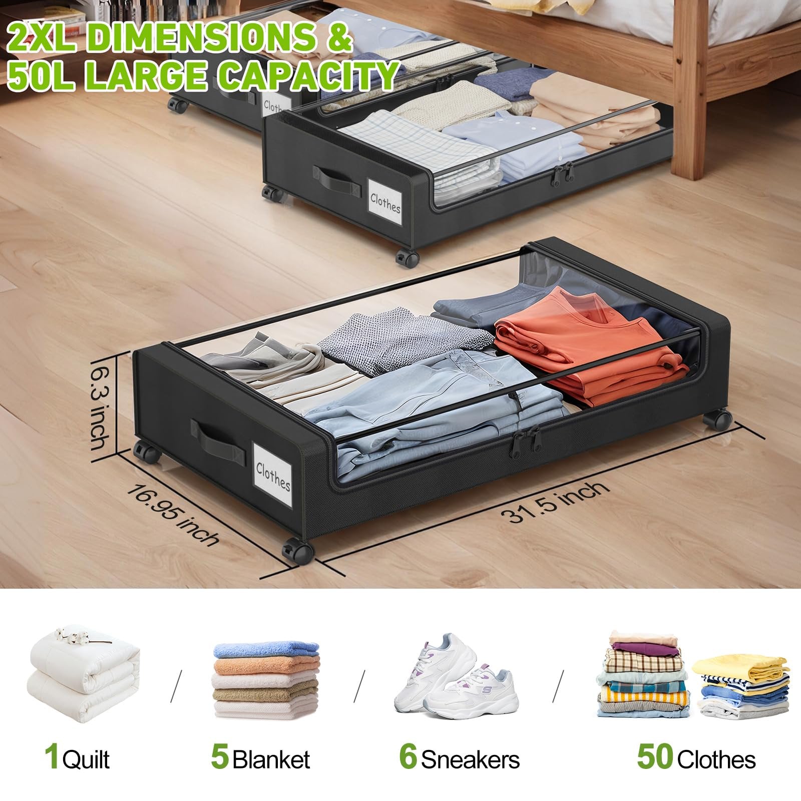 Black 2 Pack Rolling Underbed Storage Containers with Clear Lid W364