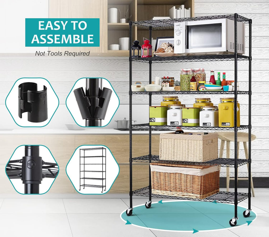 6 Tier Wire Shelving Unit, NSF Heavy Duty Height Adjustable Metal Shelving with Wheels, 18"x48"x82" Black Y25667