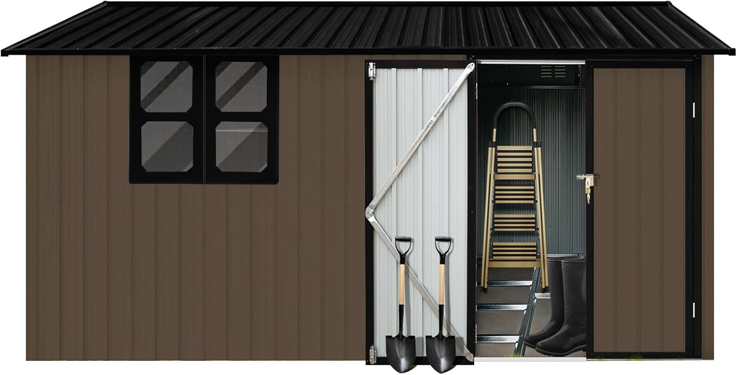 12x10 FT Metal Garden Shed Brown Z3742