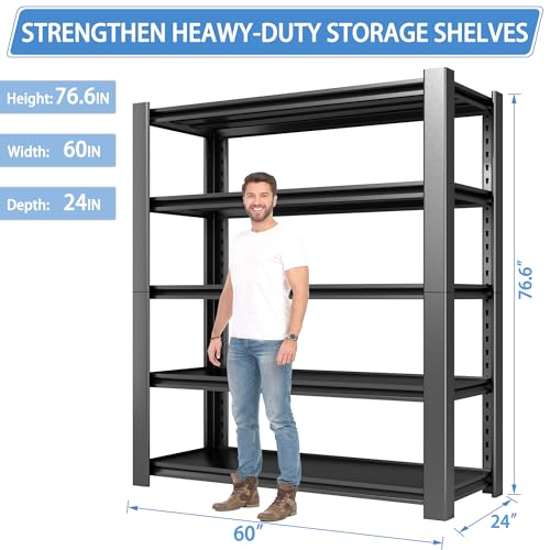 5-Tier Heavy Duty Metal Storage Shelving, 3000 LBS Capacity, 76" H x 60" W x 24" D, Adjustable Steel Shelves M996948