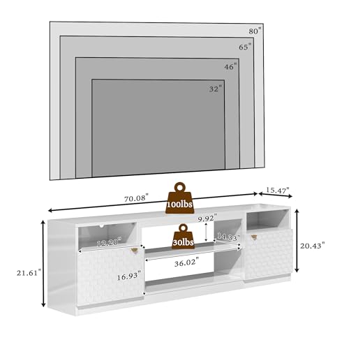70" High Gloss White TV Stand with Two Doors and Storage Cabinets I4568