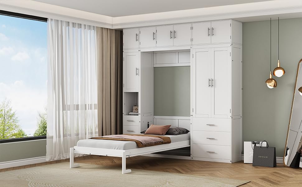 Twin Size Murphy Bed Frame with Lockers and Wardrobes, White R79415