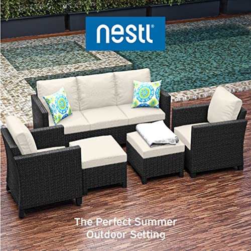 5 Piece Brown Wicker Patio Furniture Set with Beige Cushions B941578