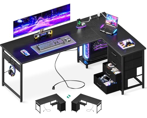 Black L Shaped Desk with 4 Tier Drawers, Power Outlets & USB O818