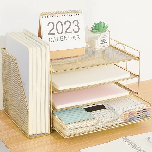 Black 4-tier Desk Paper Letter Tray Organizer with Removable File Holder and Drawer V5866