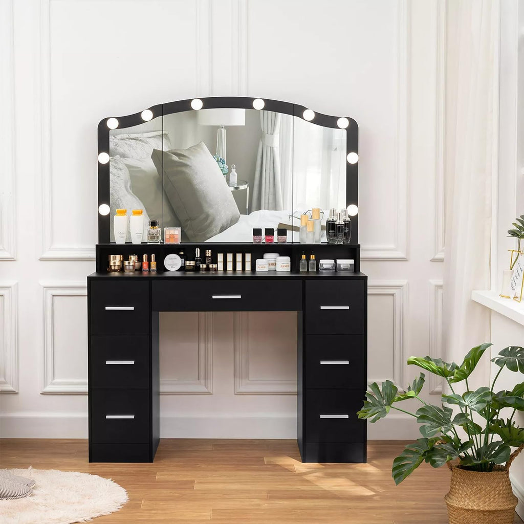 Black 43.3 inches Vanity Desk with Lighted Mirror 7 Drawers D30894