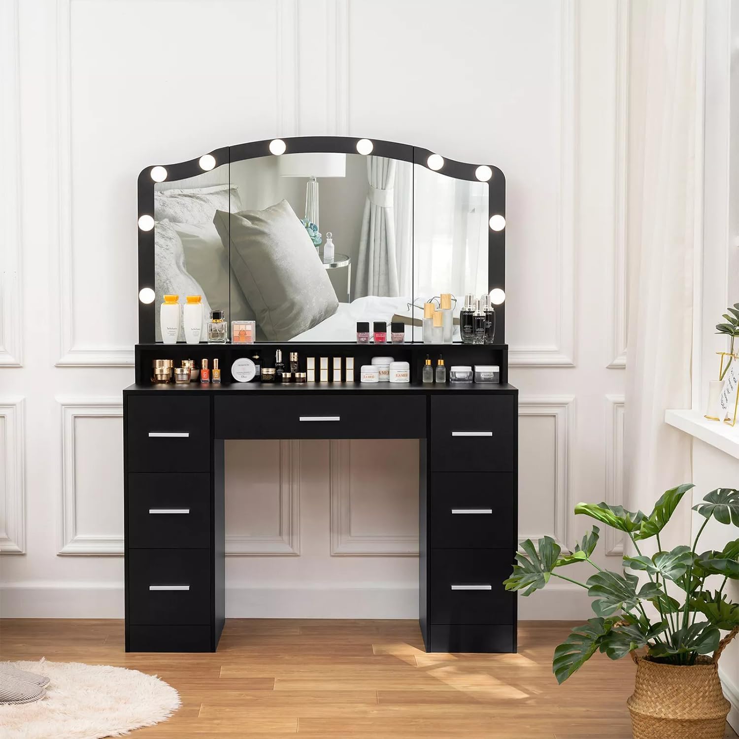 Black 43.3 inches Vanity Desk with Lighted Mirror 7 Drawers D30894