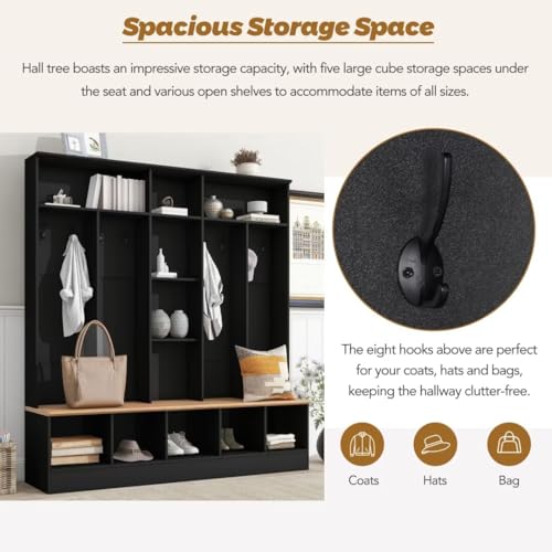 Black Hall Tree with Storage Bench and 8 Hooks W45580