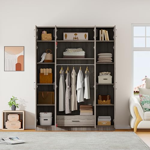 Wardrobe Armoire with 4 Doors, Mirror, Shelves, Drawers and Hanging Rod H857