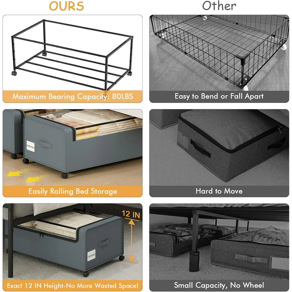 12 inch Under Bed Storage Bins with Clear Lid, Wheels, 2 Pack, Grey, 30.7x17.3x12 F48371