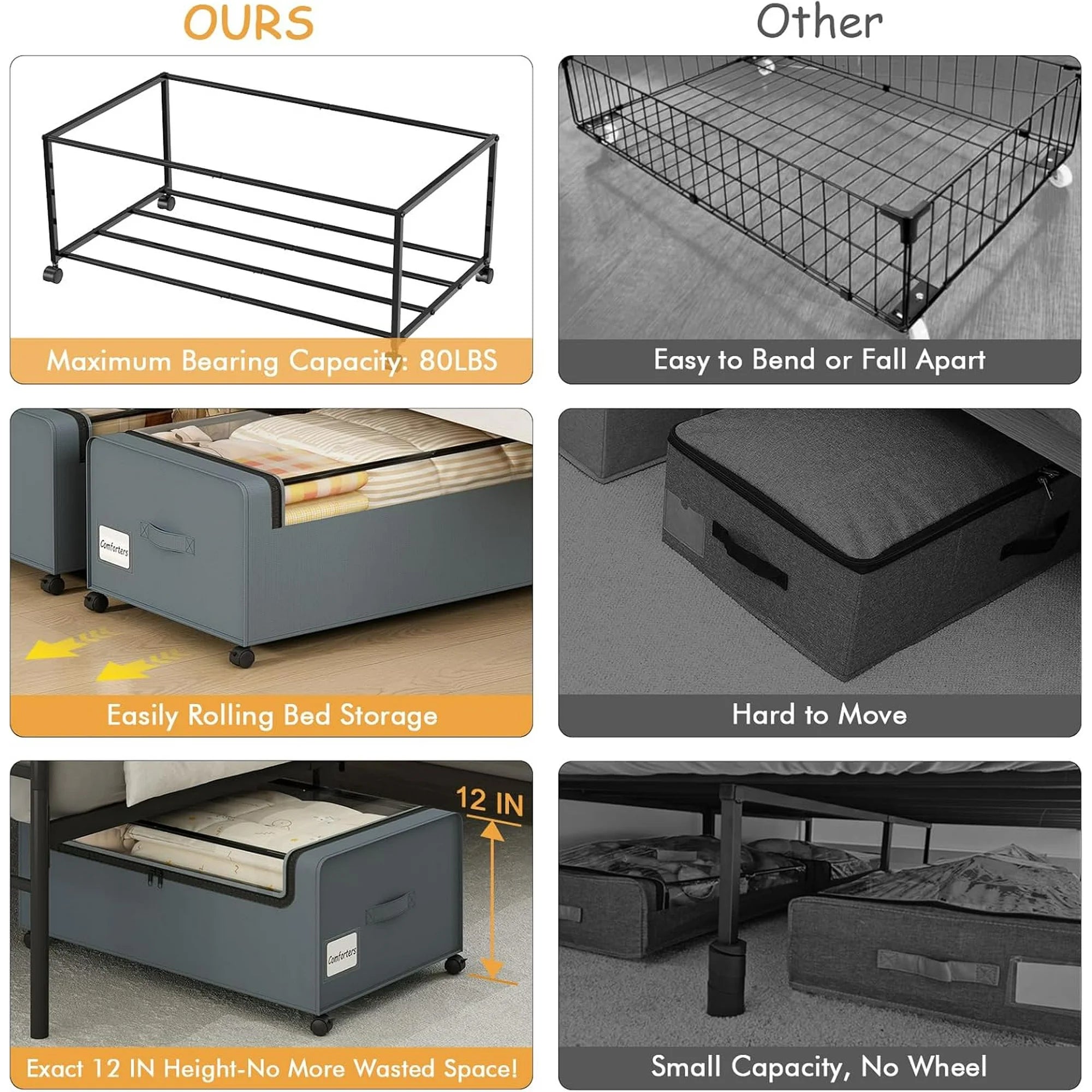 12 inch Under Bed Storage Bins with Clear Lid, Wheels, 2 Pack, Grey, 30.7x17.3x12 F48371